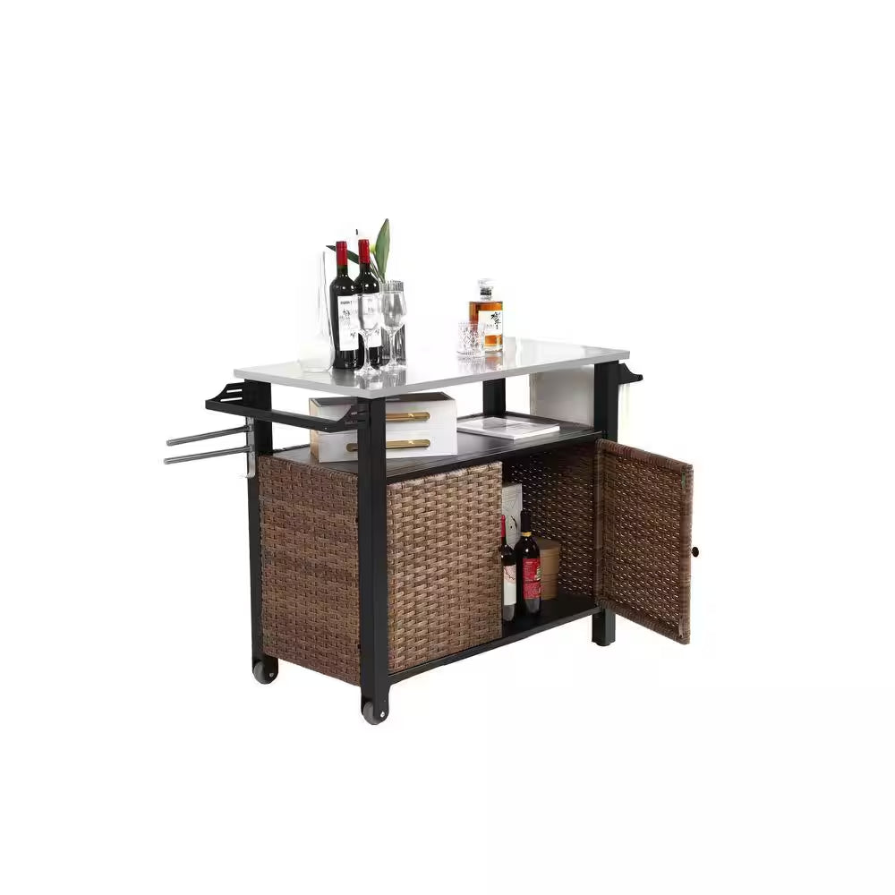 11 Cu. Ft. Steel Outdoor Rolling Cart with Wheels-Patio Bar Cabinet, Storage Drawer, Wine Rack and Towel Holder