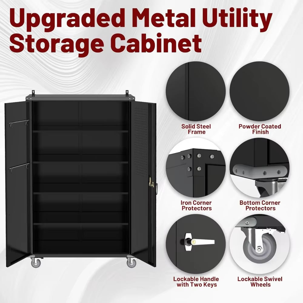 Tall & Wide Metal Garage Storage Cabinet with 4 Adjustable Shelves, 43''W X 22''D X 72''H with Wheels & Pegboards, Heavy Duty Lo