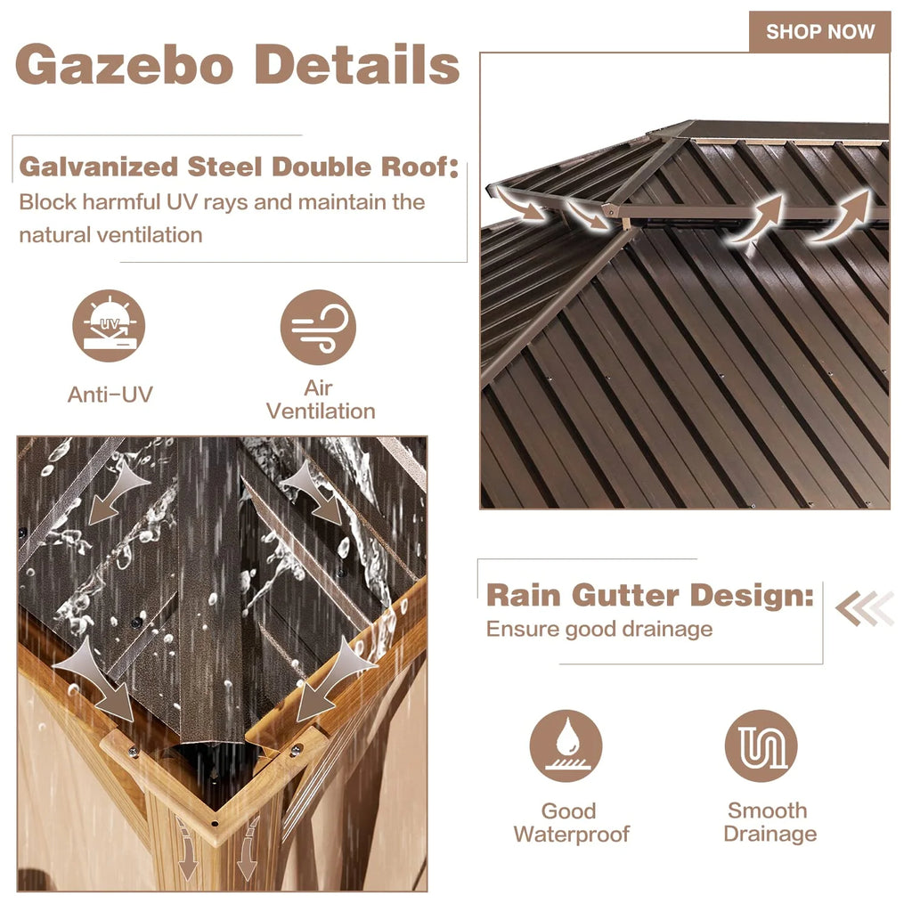 12' X 20' Hardtop Gazebo, Wooden Finish Coated Aluminum Frame Gazebo with Galvanized Steel Double Roof with Curtains and Netting