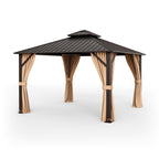 12 x 12 Feet Double-Roof Patio Hardtop Gazebo with Galvanized Steel Roof Netting and Curtains-Coffee