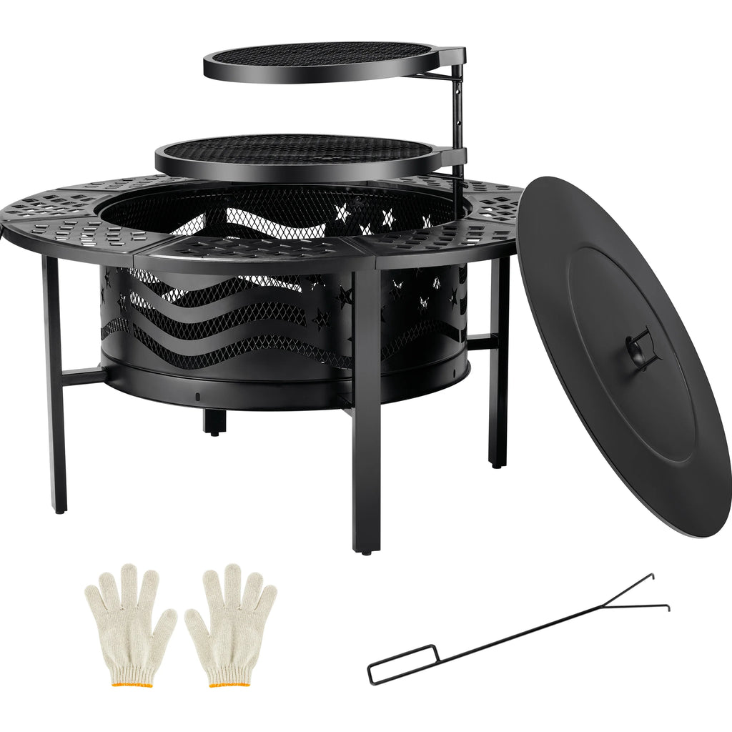 Fire Pit for outside 42" Wood Burning Fire Pit Tables with 2 Adjustable Swivel BBQ Grills, Lid, Poker for Patio Backyard BBQ Ice Storage