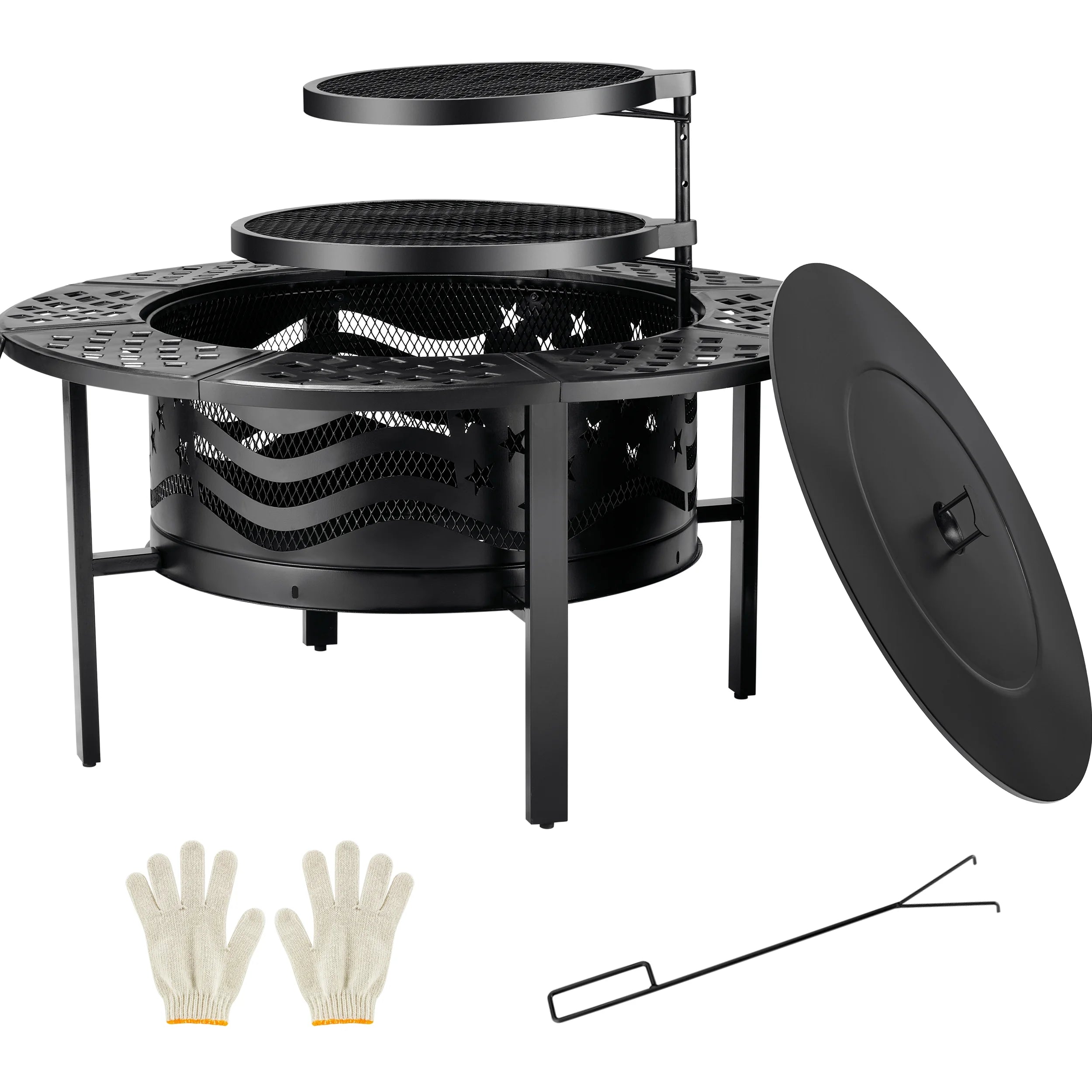 Fire Pit for outside 42" Wood Burning Fire Pit Tables with 2 Adjustable Swivel BBQ Grills, Lid, Poker for Patio Backyard BBQ Ice Storage
