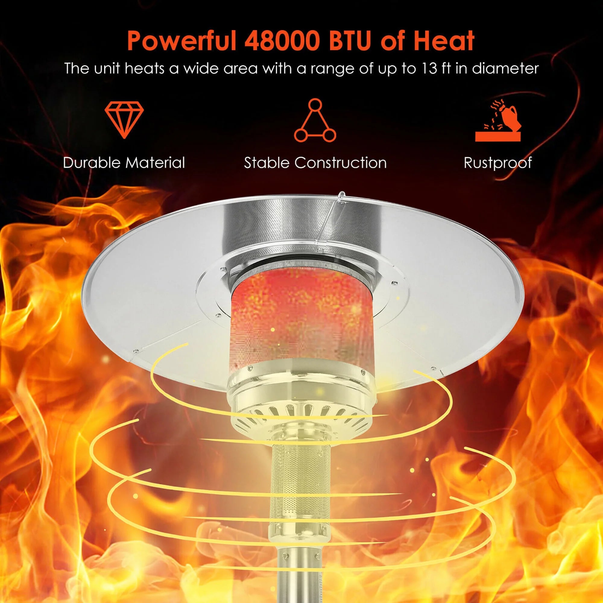 50000 BTU Propane Patio Heater Standing Steel with Wheels Silver