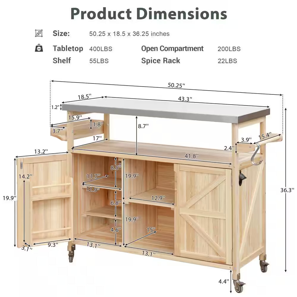 Natural Kitchen Cart with Locking Casters;Shelf;Spice Rack;Wheels