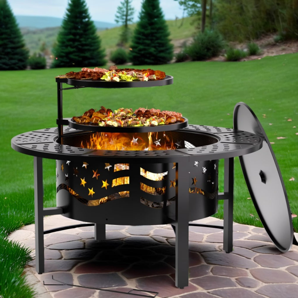 Fire Pit for outside 42" Wood Burning Fire Pit Tables with 2 Adjustable Swivel BBQ Grills, Lid, Poker for Patio Backyard BBQ Ice Storage