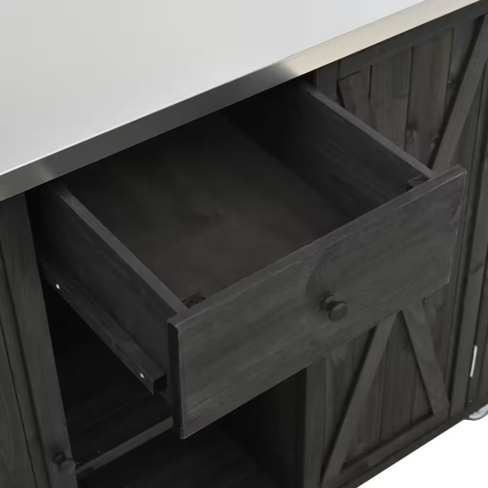 Black Stainless Steel Top 52.25 In. Kitchen Island with Towel and Spice Racks and a Bottle Opener