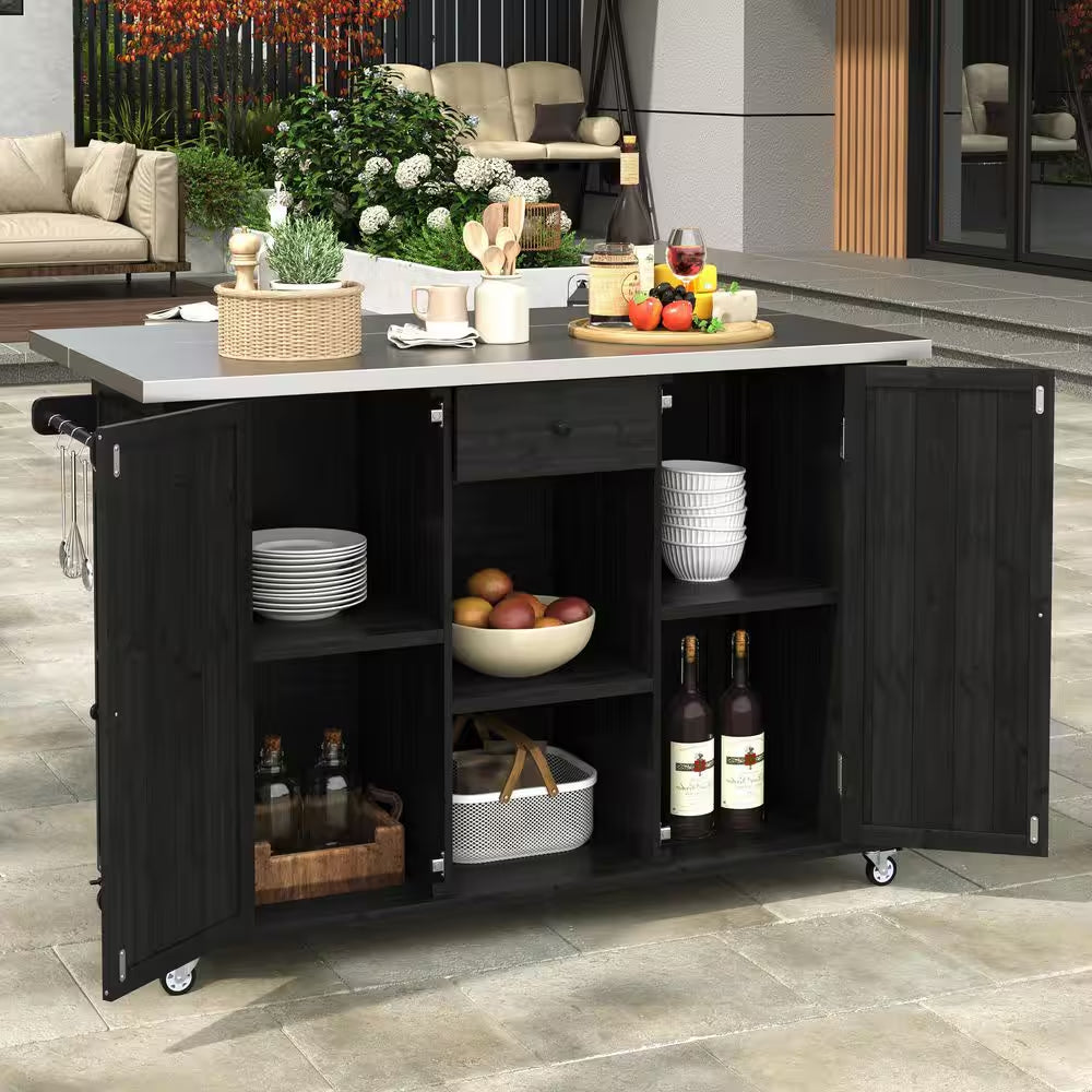 Black Stainless Steel Top 52.25 In. Kitchen Island with Towel and Spice Racks and a Bottle Opener