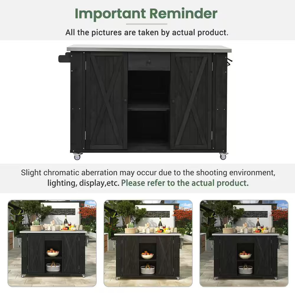 Black Stainless Steel Top 52.25 In. Kitchen Island with Towel and Spice Racks and a Bottle Opener