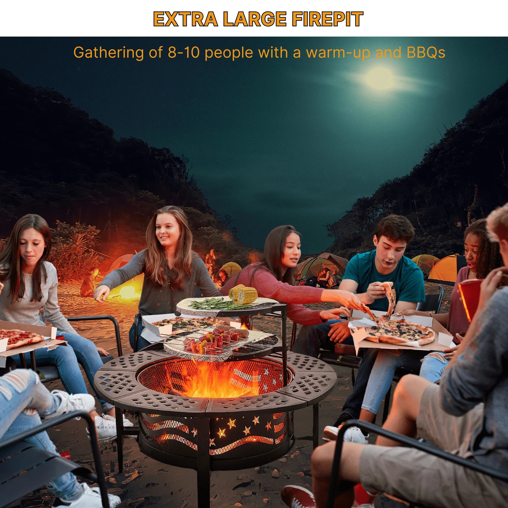 Fire Pit for outside 42" Wood Burning Fire Pit Tables with 2 Adjustable Swivel BBQ Grills, Lid, Poker for Patio Backyard BBQ Ice Storage