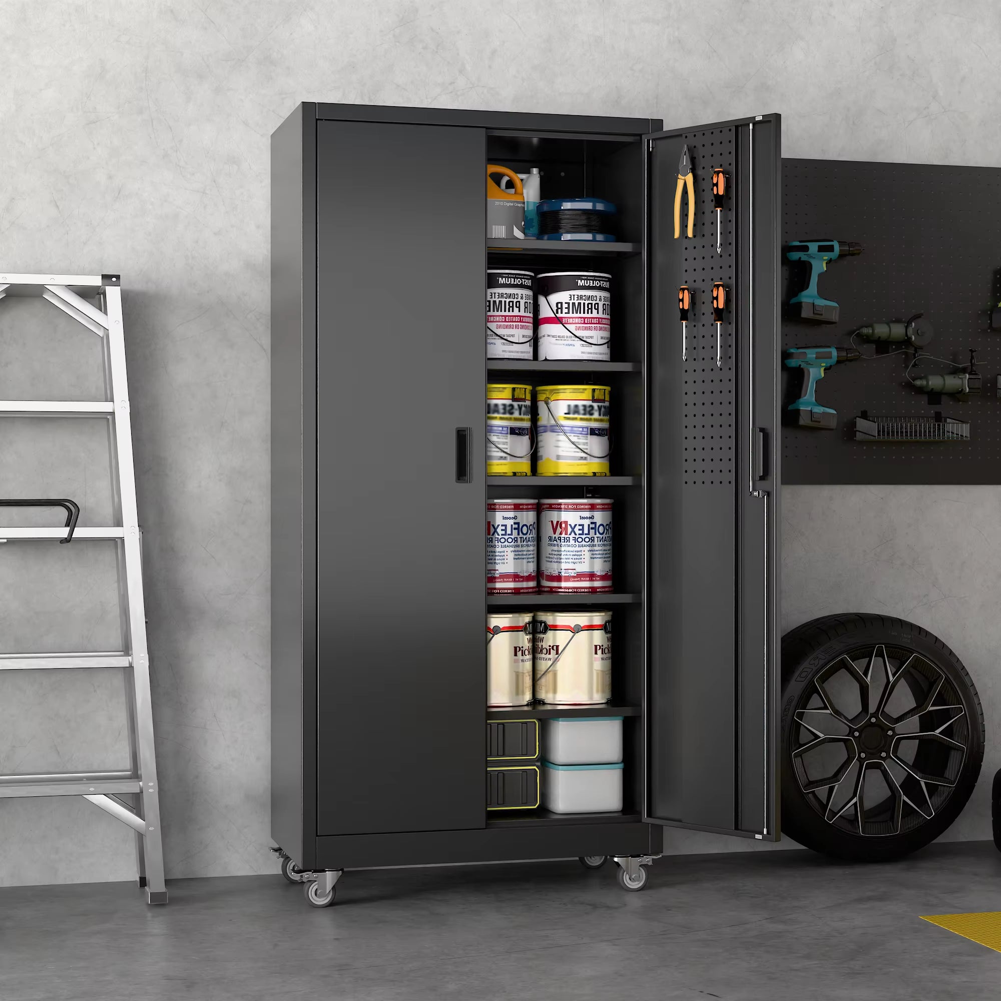 Aobabo Metal Garage Storage Cabinet, 73'' Steel Cabinets on Wheels for Office School Home Warehouse Utility Room Garage