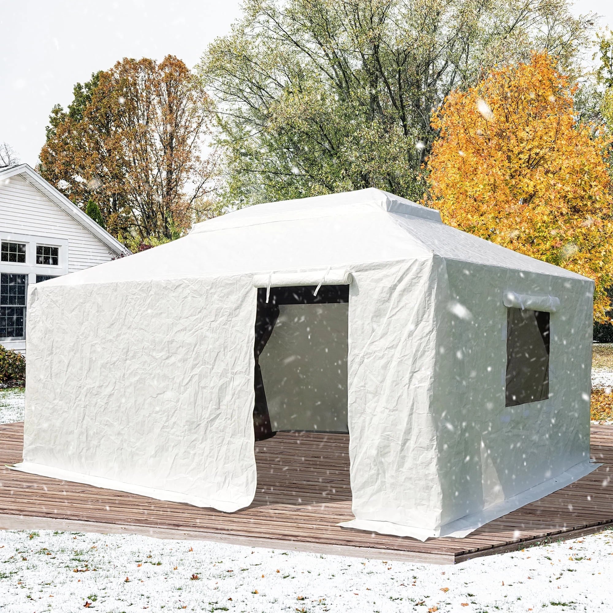 Gazebo Accessories 10' X 14' Double Roof Universal Winter Gazebo Cover for Hardtop Gazebos,Enclosed Cover with Sidewalls and Mesh Windows Waterproof (White)