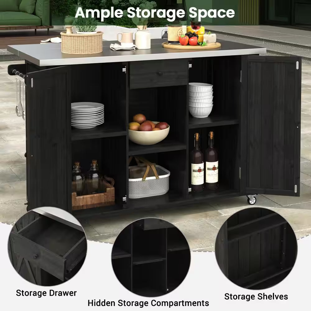 Black Stainless Steel Top 52.25 In. Kitchen Island with Towel and Spice Racks and a Bottle Opener