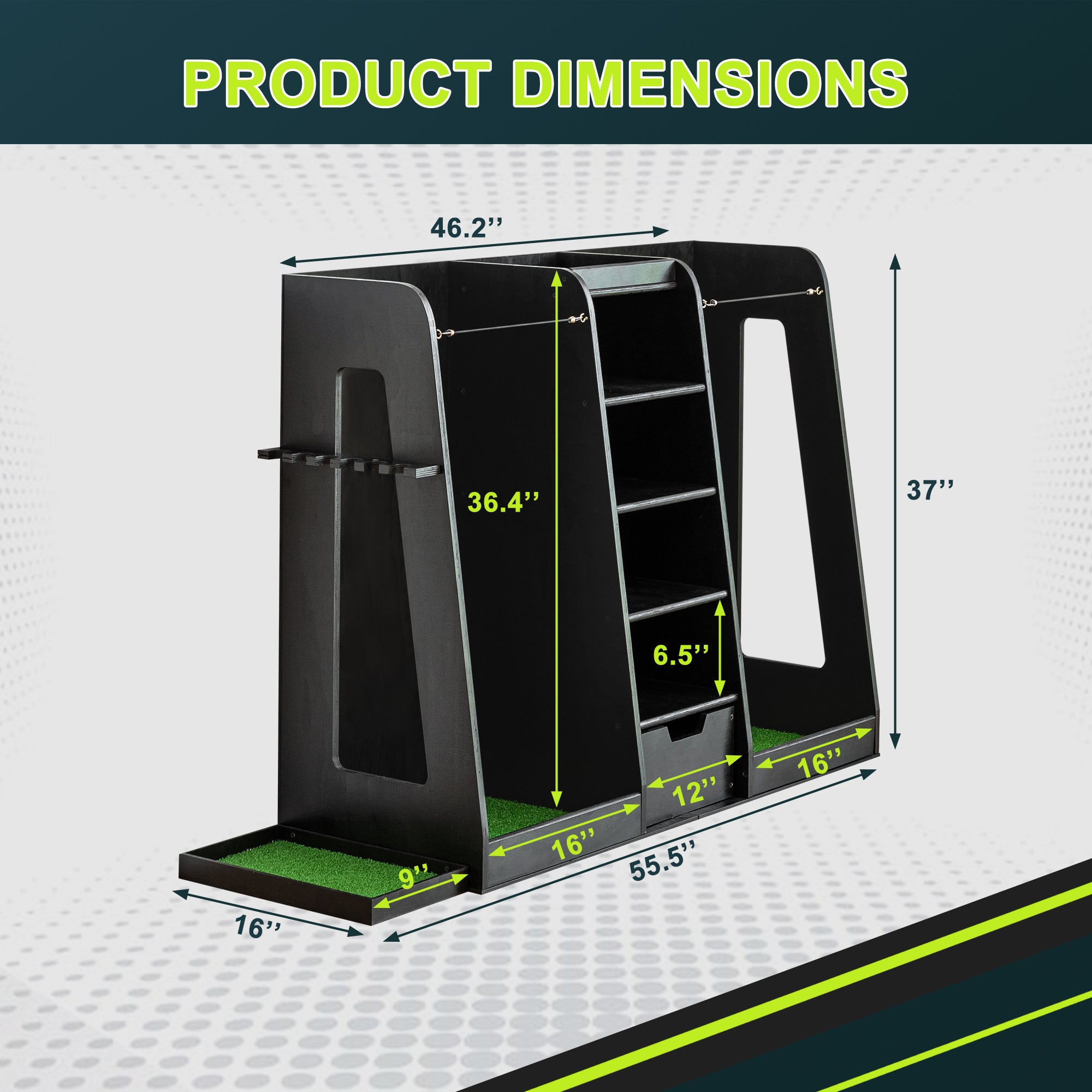55.5 L X 16 W X 37 H in Wooden Golf Bag Organizer and Storage Rack,High Quality Wooden 2 Golf Bag Rack with Drawers,Easy to Assemble Golf Club Holder Stand with Club Holders on Side,Black