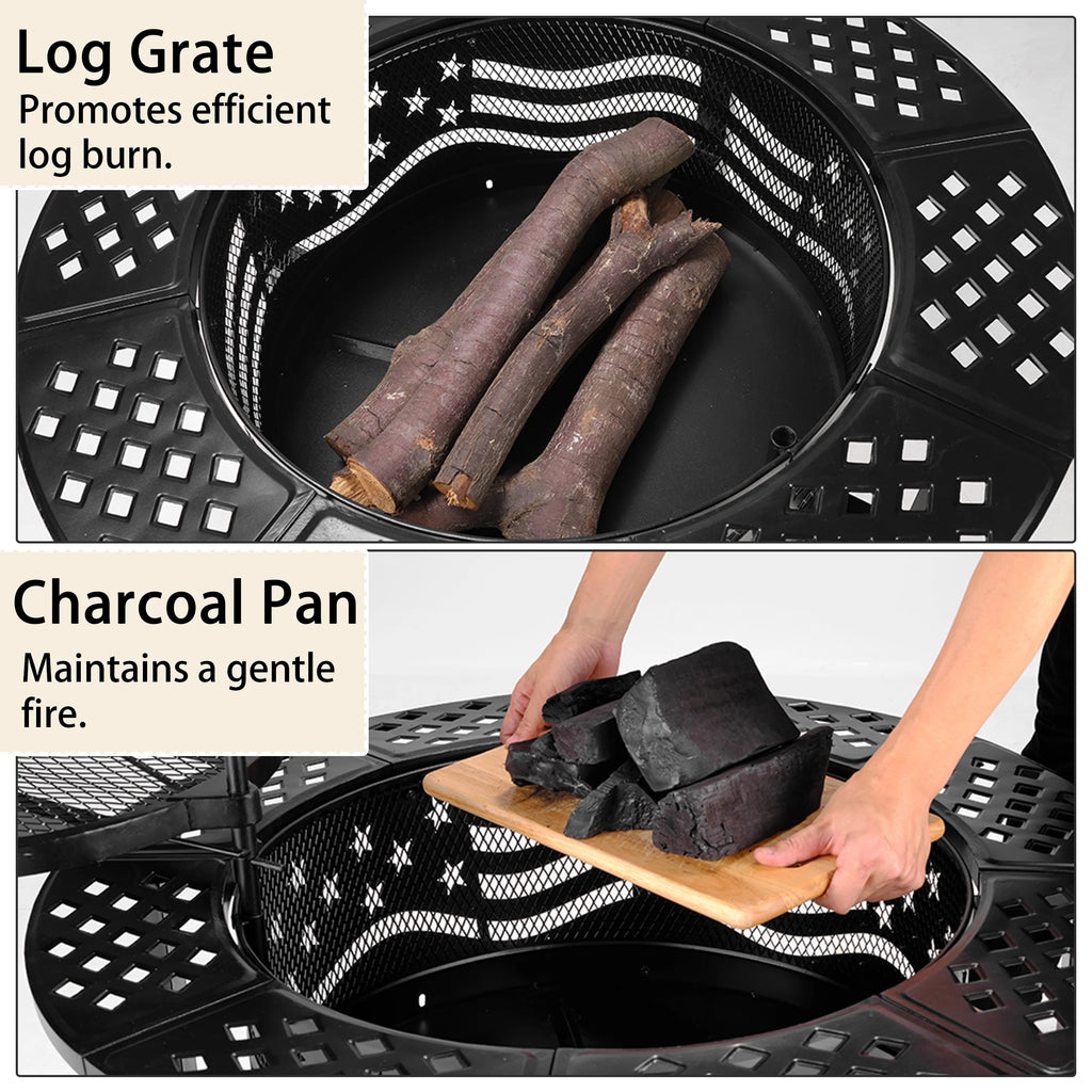 Fire Pit for outside 42" Wood Burning Fire Pit Tables with 2 Adjustable Swivel BBQ Grills, Lid, Poker for Patio Backyard BBQ Ice Storage