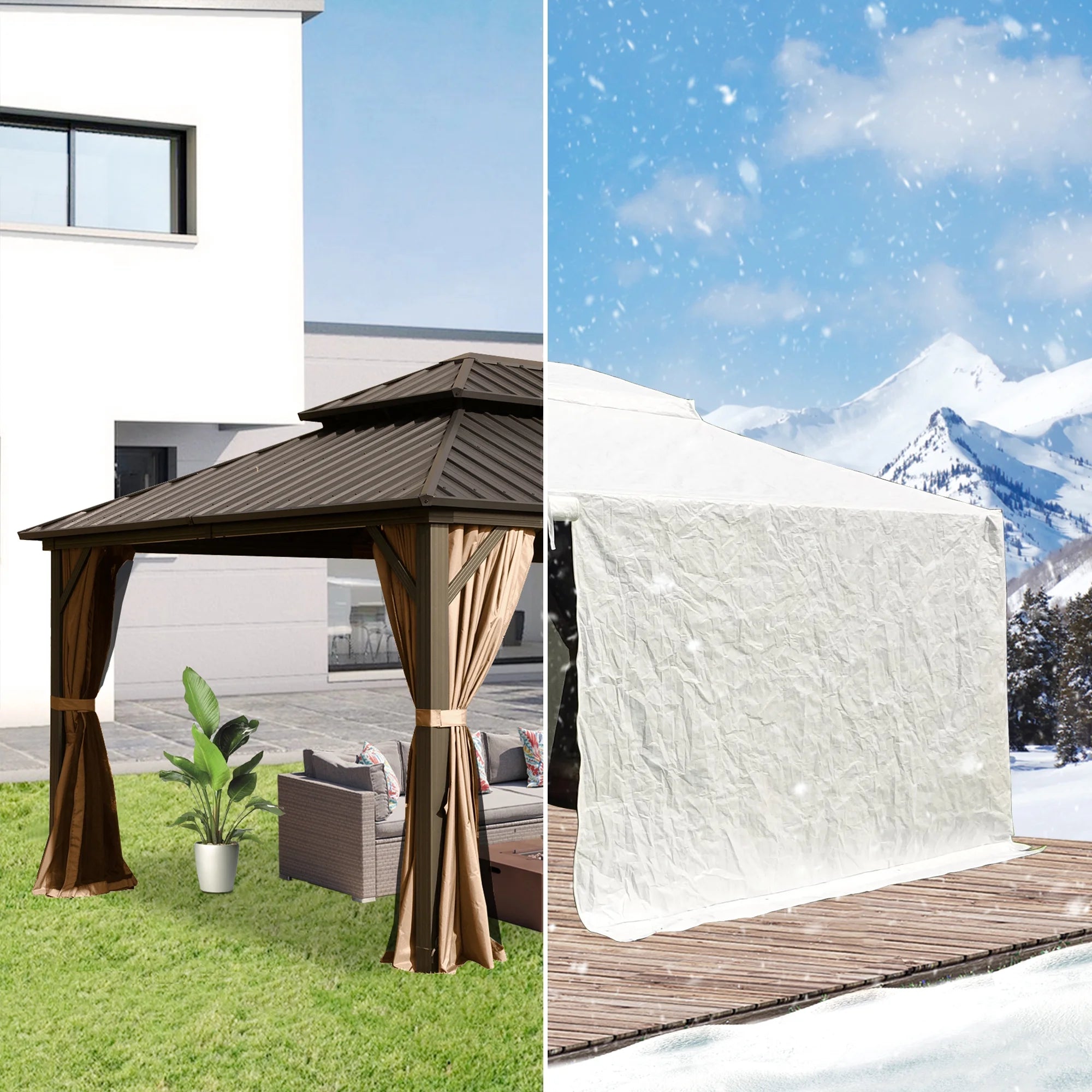 Gazebo Accessories 10' X 14' Double Roof Universal Winter Gazebo Cover for Hardtop Gazebos,Enclosed Cover with Sidewalls and Mesh Windows Waterproof (White)