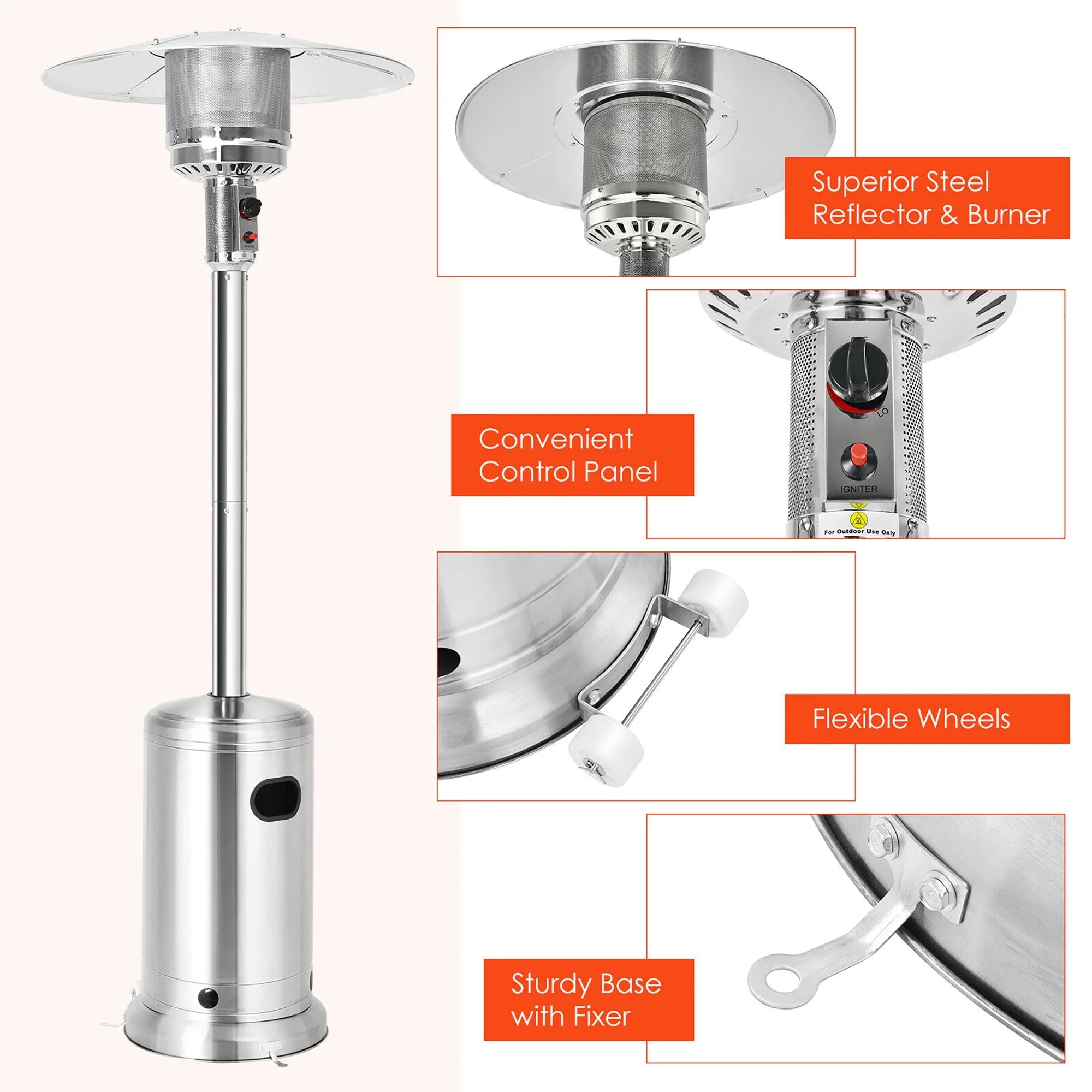 50000 BTU Propane Patio Heater Standing Steel with Wheels Silver