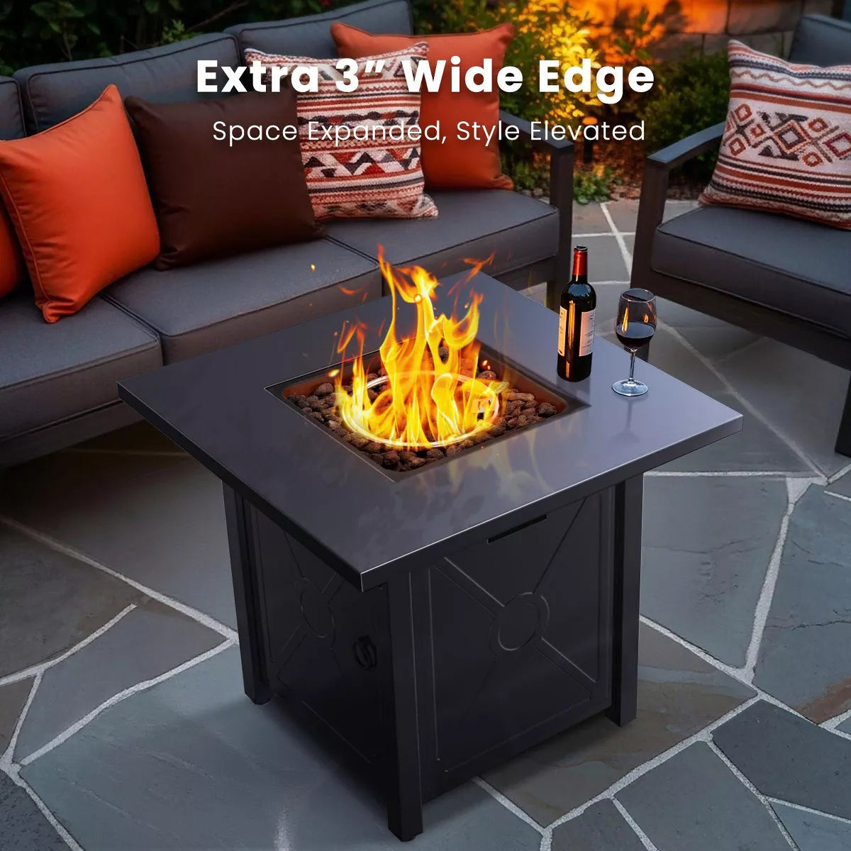 R.W.FLAME 28" 40,000 BTU Square Outdoor Propane Fire Pit Table with Lid & Rain Cover – Perfect for Patio, Deck, Garden, and Parties