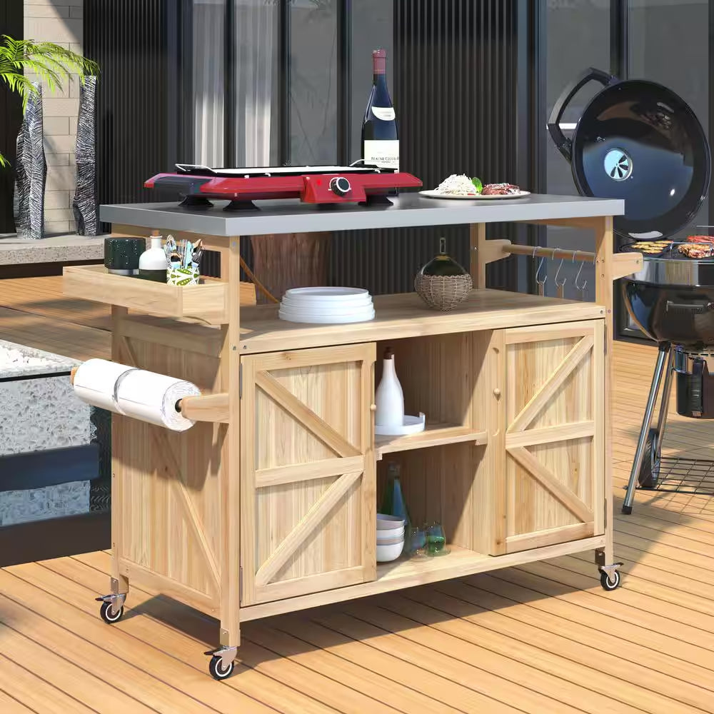 Natural Kitchen Cart with Locking Casters;Shelf;Spice Rack;Wheels