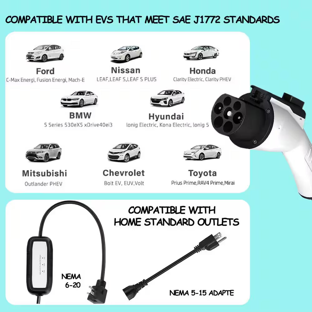 Portable 16A 110-240 Volt Level 1 Level 2 EV Charger with NEMA 6-20 Plug and 5-15 Adapter for J1772
