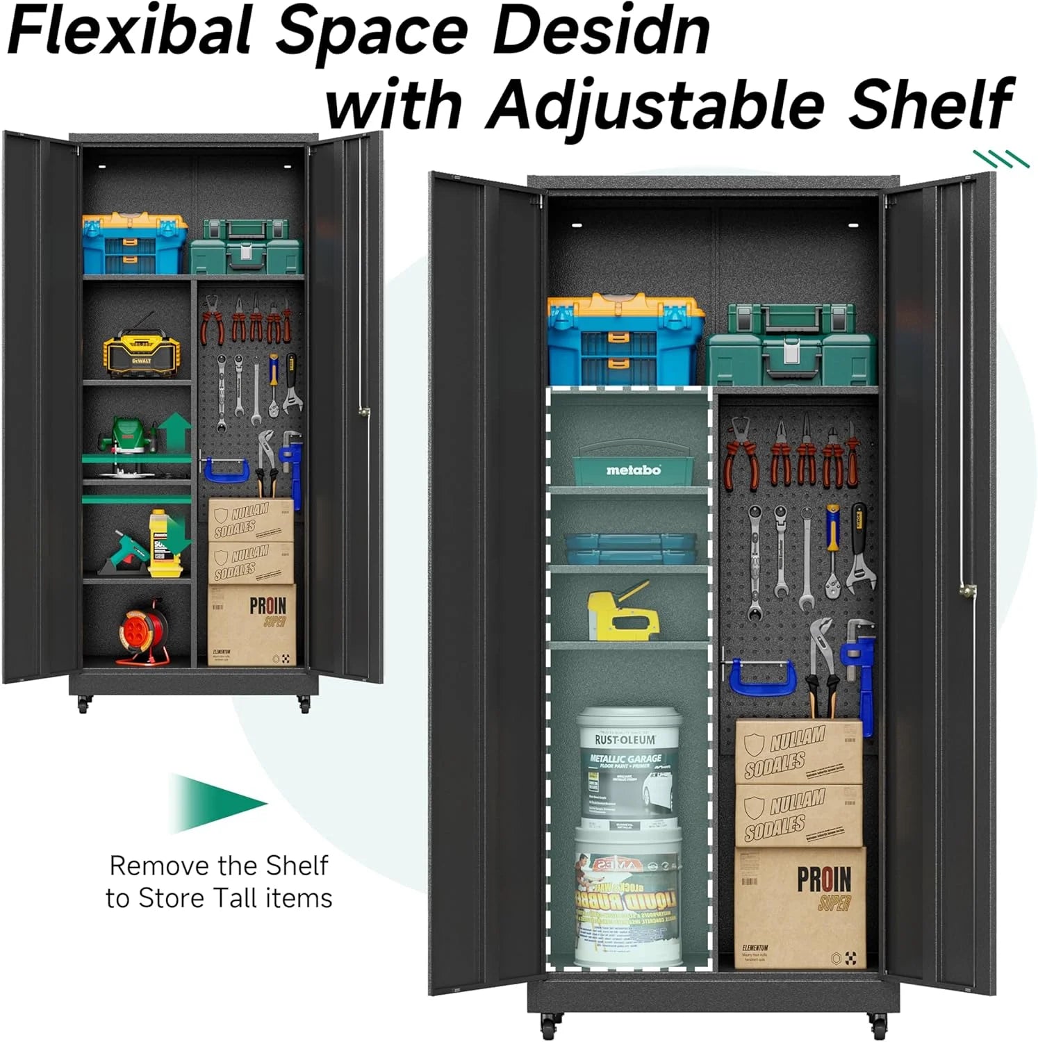 Metal Garage Storage Cabinet with Wheels,Rolling Tool Storage Cabinet with Lock,Steel Locking Cabinet with Locking Doors and Adjustable Shelves,Tall Storage Cabinet for Office Home,Garage,Shop-Black