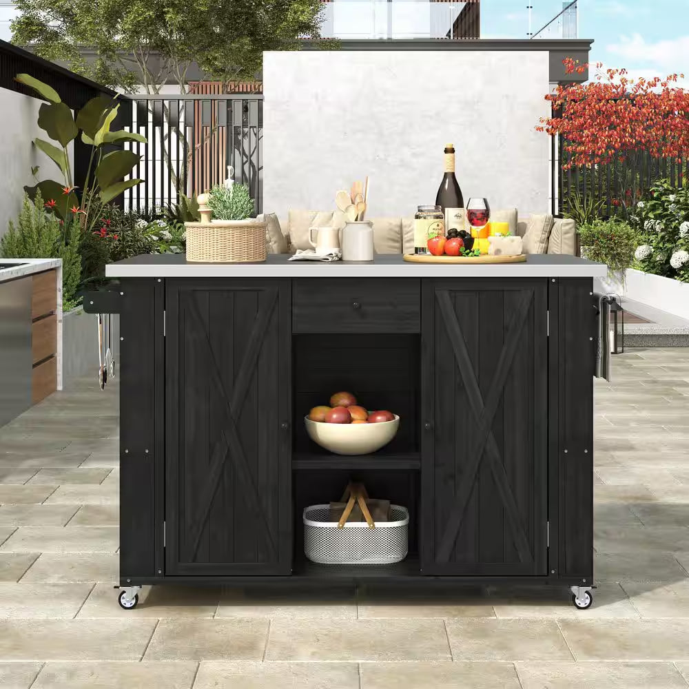 Black Stainless Steel Top 52.25 In. Kitchen Island with Towel and Spice Racks and a Bottle Opener