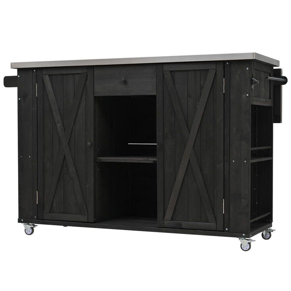 Black Stainless Steel Top 52.25 In. Kitchen Island with Towel and Spice Racks and a Bottle Opener
