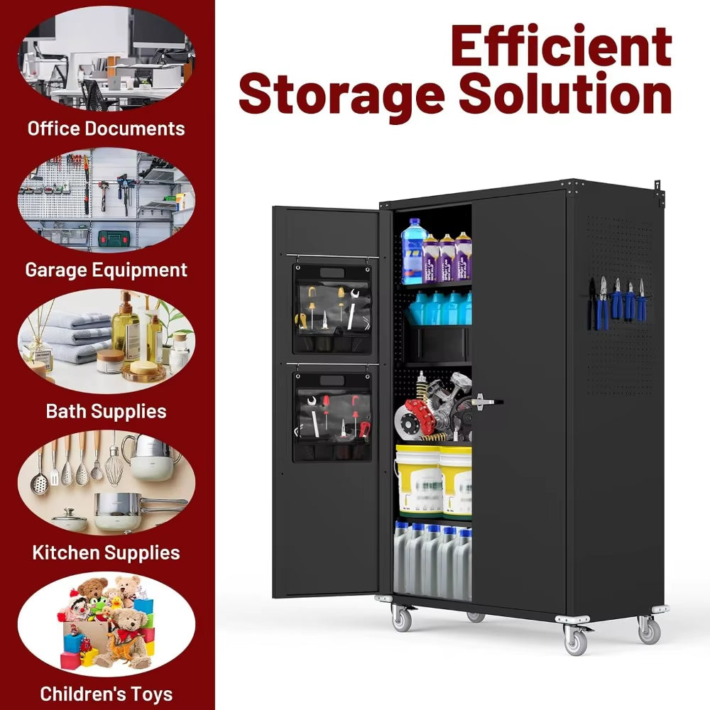 Tall & Wide Metal Garage Storage Cabinet with 4 Adjustable Shelves, 43''W X 22''D X 72''H with Wheels & Pegboards, Heavy Duty Lo