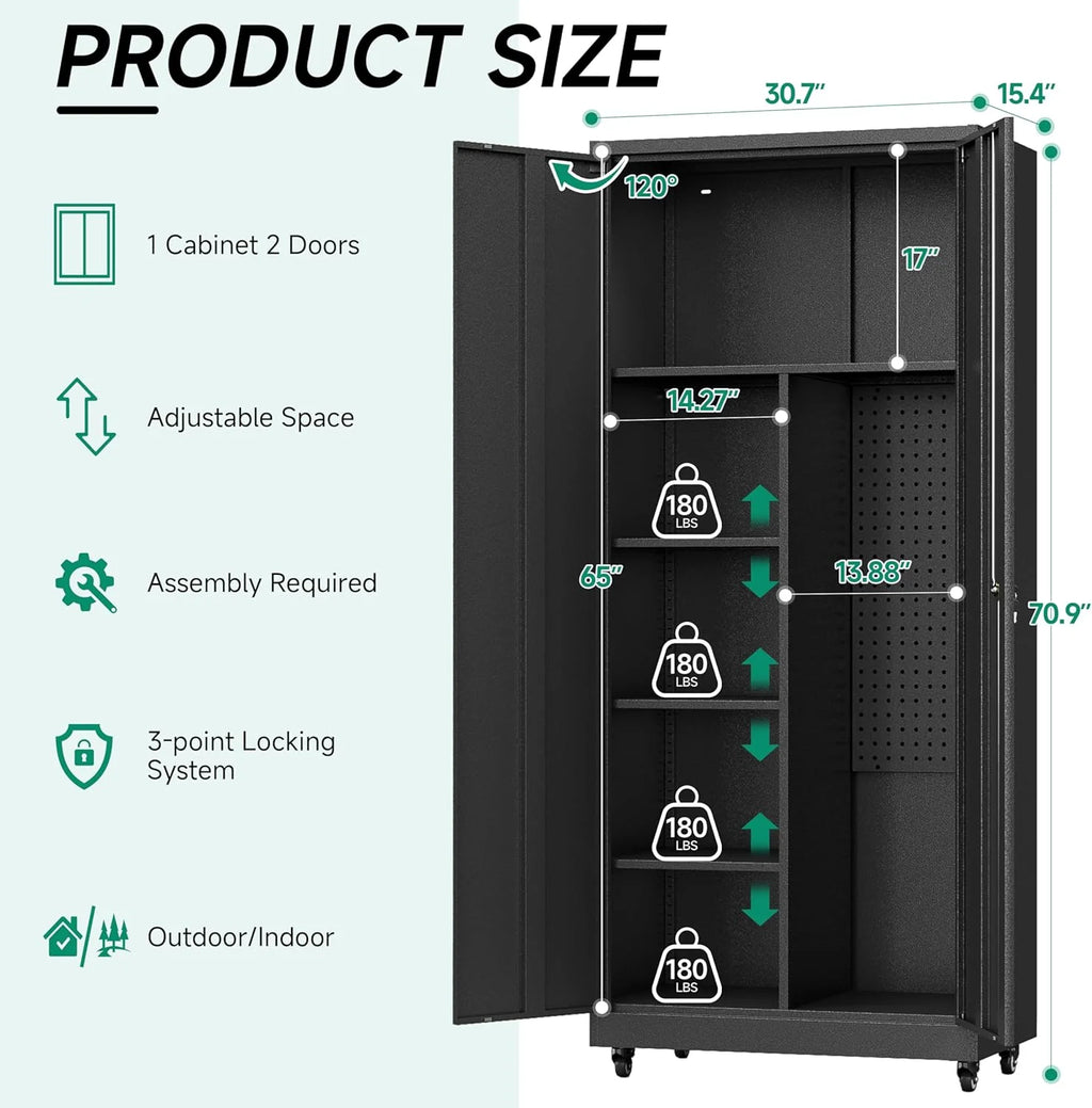Metal Garage Storage Cabinet with Wheels,Rolling Tool Storage Cabinet with Lock,Steel Locking Cabinet with Locking Doors and Adjustable Shelves,Tall Storage Cabinet for Office Home,Garage,Shop-Black