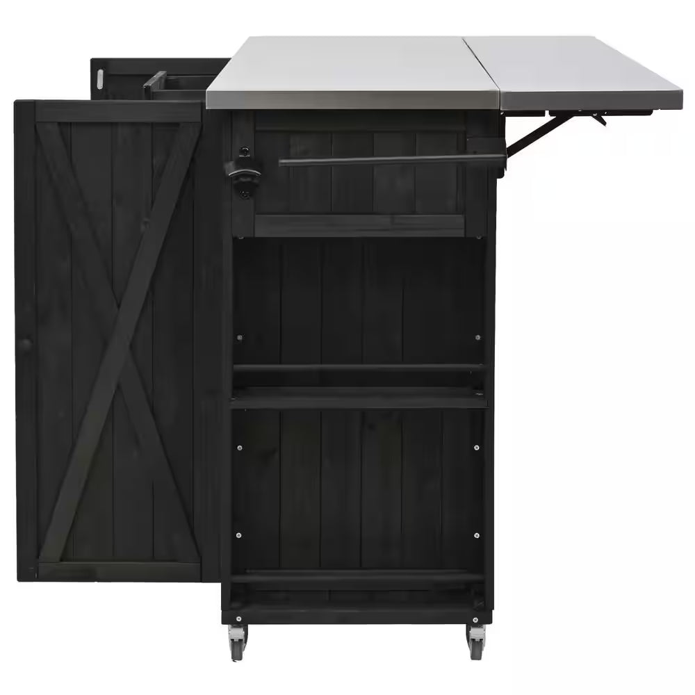 Black Stainless Steel Top 52.25 In. Kitchen Island with Towel and Spice Racks and a Bottle Opener