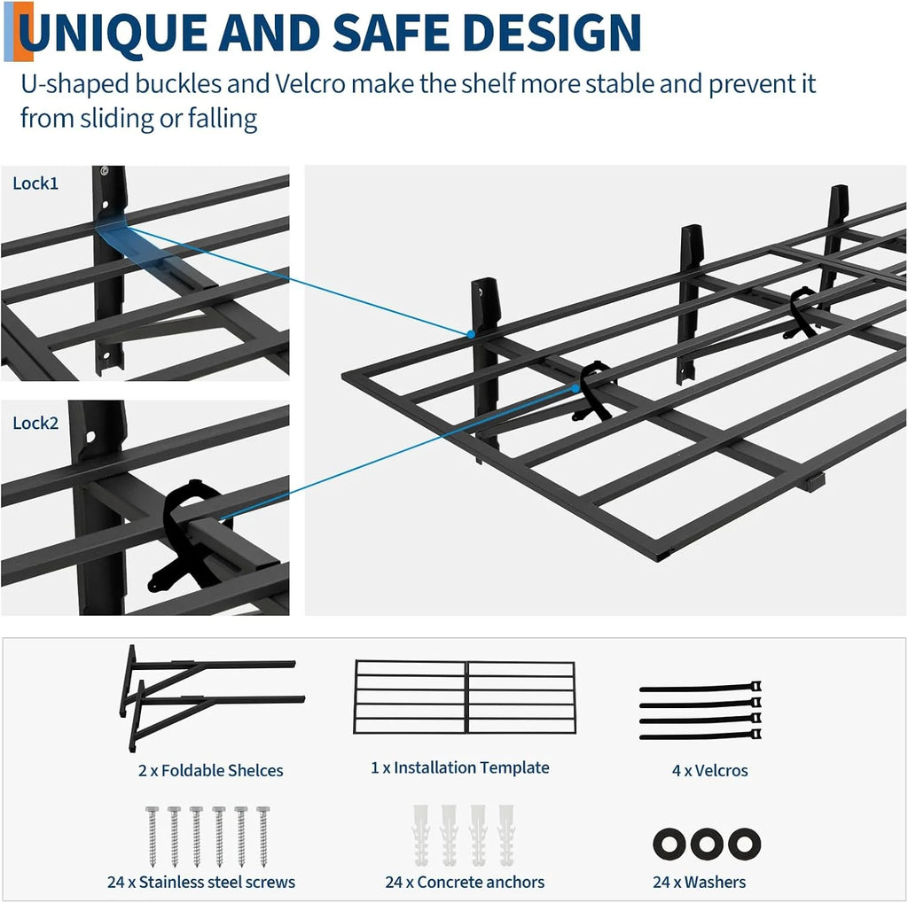 2 Pack 2X6Ft Garage Storage Shelving Wall Mounted, 1600 Lbs Heavy Duty Storage Shelves, Folding Wall Shelve Garage Storage Rack Organization, Black Metal Storage Racks Units for Warehouse, Laundry