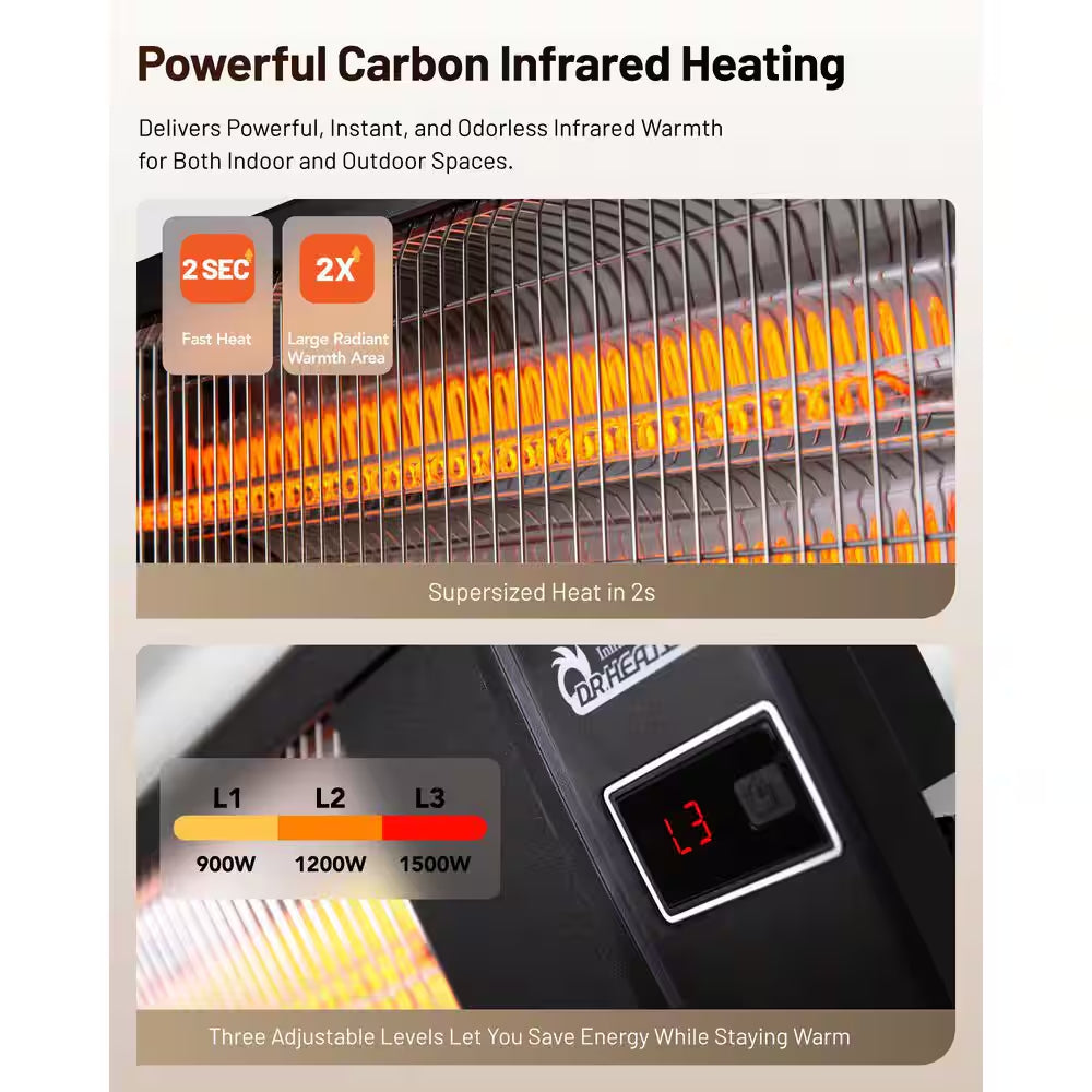 1500-Watt Electric Carbon Infrared Space Heater Indoor Outdoor Patio Garage Wall or Ceiling Mount with Remote, Black