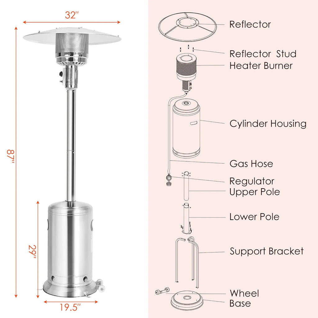 50000 BTU Propane Patio Heater Standing Steel with Wheels Silver