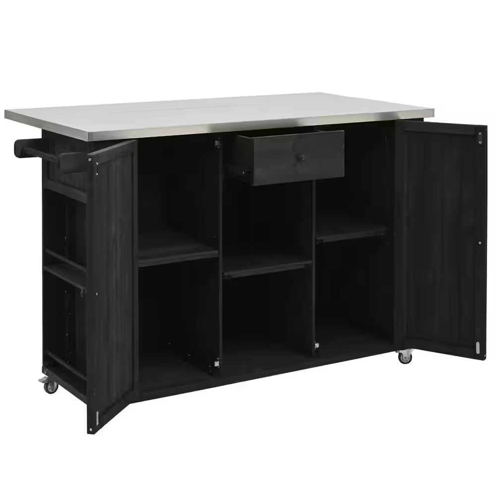 Black Stainless Steel Top 52.25 In. Kitchen Island with Towel and Spice Racks and a Bottle Opener