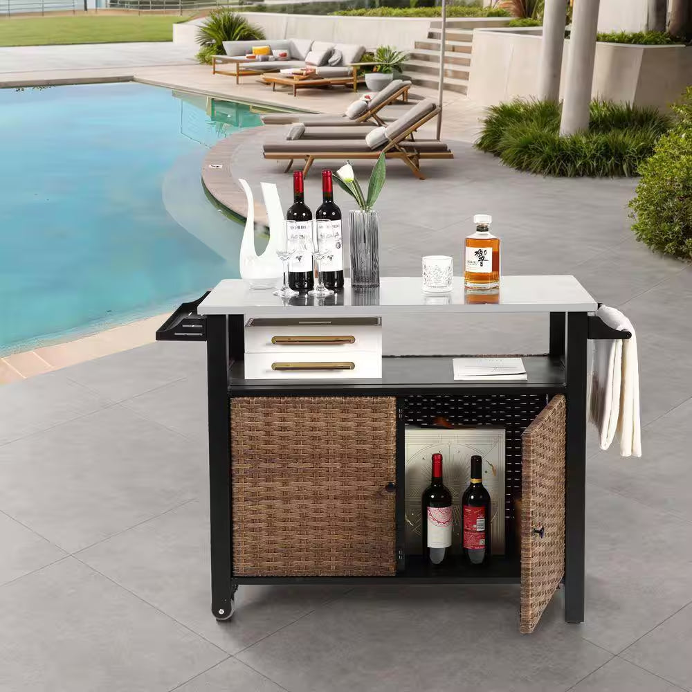 11 Cu. Ft. Steel Outdoor Rolling Cart with Wheels-Patio Bar Cabinet, Storage Drawer, Wine Rack and Towel Holder