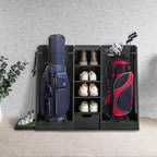 55.5 L X 16 W X 37 H in Wooden Golf Bag Organizer and Storage Rack,High Quality Wooden 2 Golf Bag Rack with Drawers,Easy to Assemble Golf Club Holder Stand with Club Holders on Side,Black